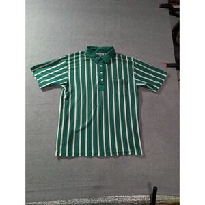 VTG Robert Alan Polo Shirt Mens Large Green White Striped Short Sleeve Pocket